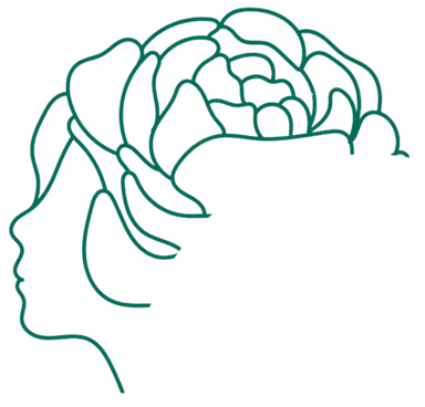 A line-art silhouette of a profile merged with a blooming flower crown